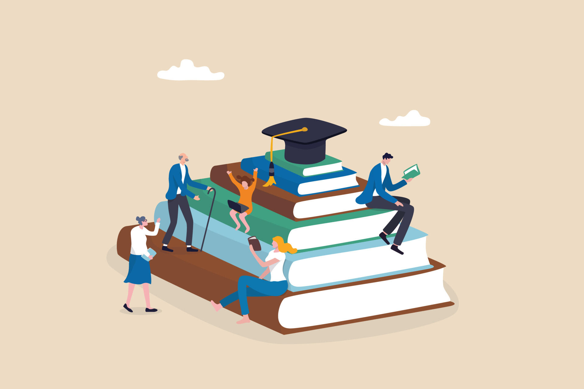 people learning on a stack of books